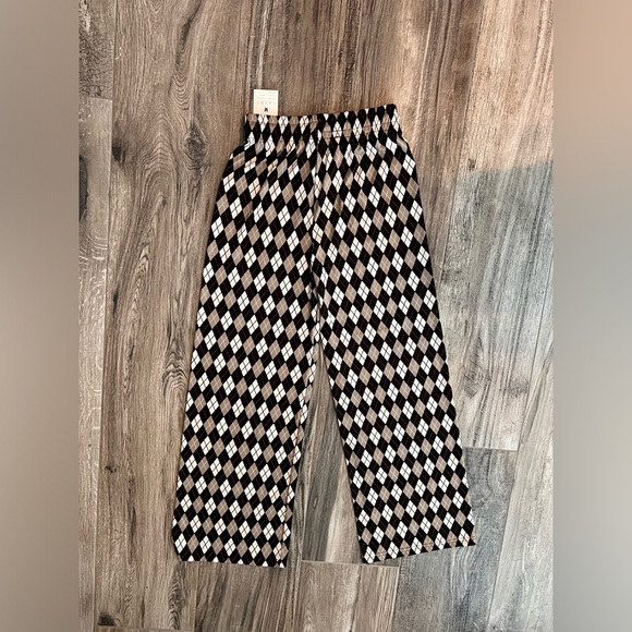Nunu Yong M Women Brown Argyle Plaid Lounge Pant Wide Leg Drawstring Stretch #68 - Picture 7 of 7